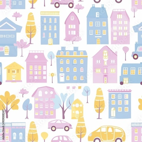 Obraz Dreamy Pastel Cityscape Seamless Pattern with Buildings and Cars