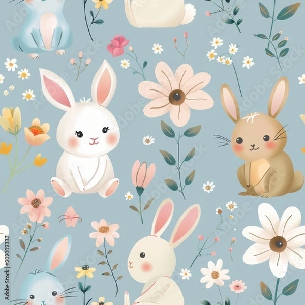 Fototapeta Whimsical Pastel Garden Creatures Surrounded by Delicate Tiny Flowers