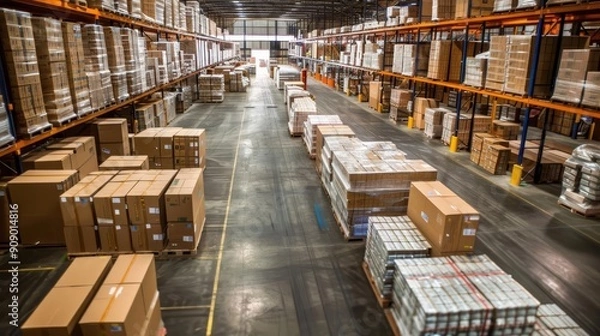 Fototapeta Freight consolidation process with various small shipments being combined into a single larger shipment in a warehouse with copy space