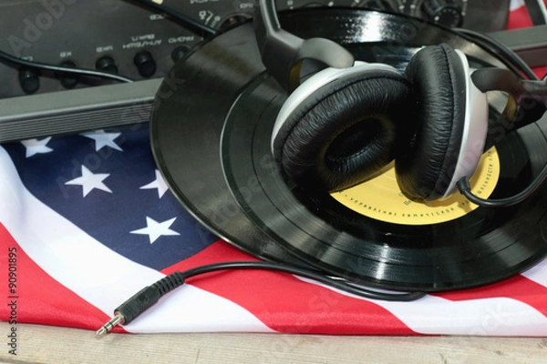 Fototapeta player with headphones on vinyl plates