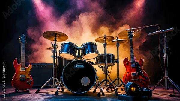 Fototapeta A drum set is surrounded by colorful smoke, creating a vibrant