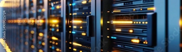 Fototapeta High-tech server stack with glowing lights in a data center, showcasing advanced technology and modern computing infrastructure.