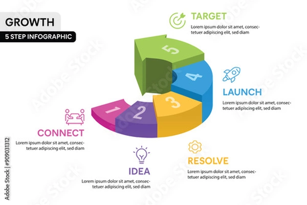 Obraz 5 Step 3D Arrow Stair Infographic Vector Illustration. Business Growth Projection Infographic Concept.
