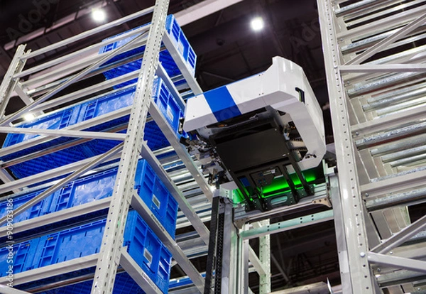 Fototapeta Autonomous robot picking materials from multi-layer rack in modern industrial warehouse.
