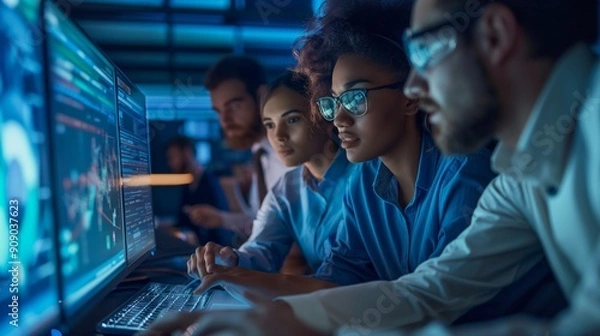 Fototapeta team of engineers working together to solve a complex technical problem