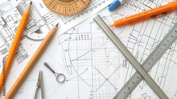 Obraz Precision Geometry Tools and Graph Paper Set on White Background