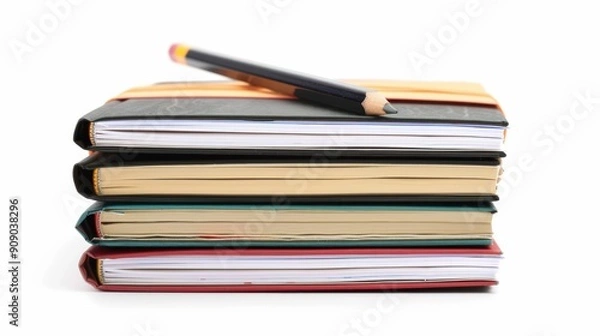 Fototapeta Minimalist Composition of Stack of Blank Notebooks with Pencil on White Background