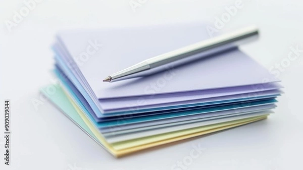 Fototapeta Organized Office Supplies: Colorful Index Cards and Pen on White Background