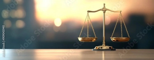Fototapeta A golden balance scale on the table against a law background with a dark blur effect. The concept of justice