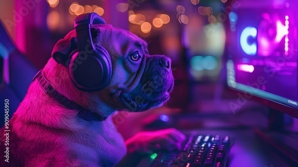 Obraz Dog playing video game 
