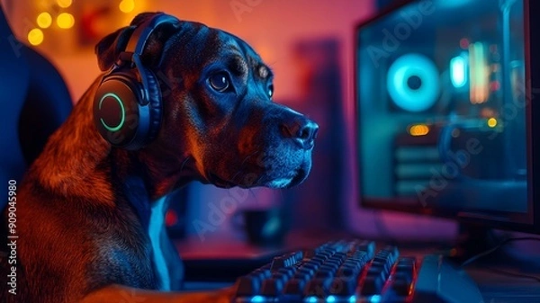 Obraz Dog playing video game 