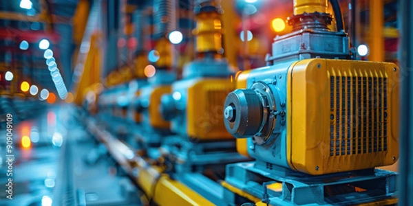 Fototapeta Close-up of industrial machinery in a manufacturing plant, highlighting mechanical equipment and production technology with vibrant lighting.