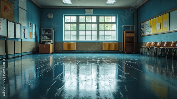 Fototapeta Empty classroom, blue walls, shiny floor, window, chairs, radiator, cabinets. Generative AI