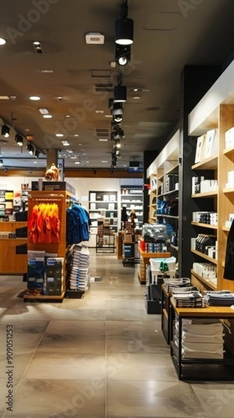 Fototapeta A contemporary retail store features stylish displays with neatly organized merchandise, inviting shoppers to explore diverse products in an appealing atmosphere