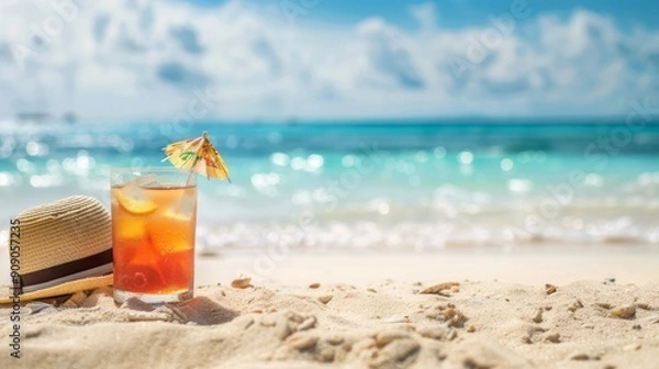 Fototapeta A refreshing iced tea with lemon is placed on a sandy beach beside a stylish hat, under a sunny sky, evoking a sense of relaxation and summer vacation vibes.