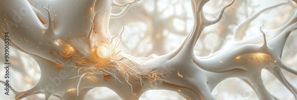 Fototapeta Abstract representation of a microcosm featuring intricate white neural-like structures with glowing elements