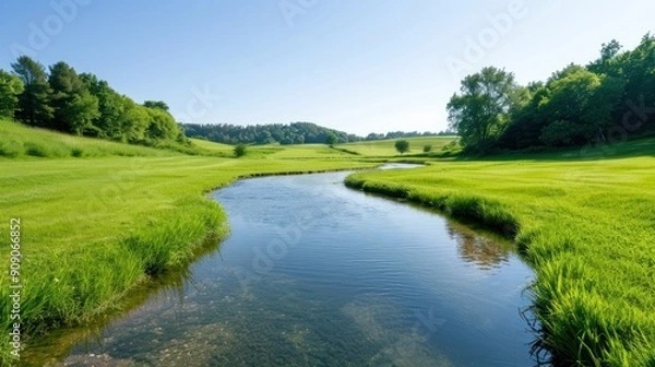 Fototapeta A field with visible water-efficient techniques, like mulching and contour planting