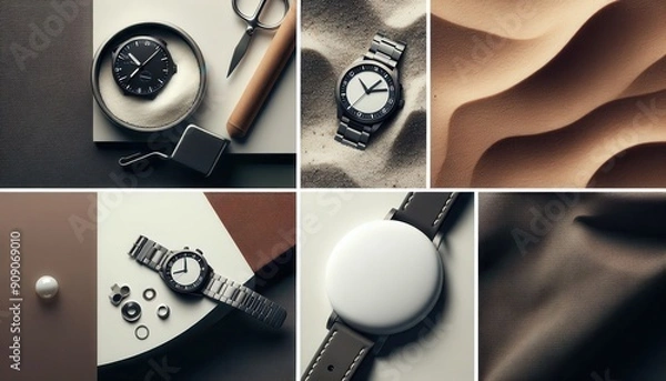 Fototapeta  A collage showcasing a sleek, minimalist watch in various settings and compositions, emphasizing its modern design..Concept: Minimalist Watch, Modern Design, Style, Timepiece