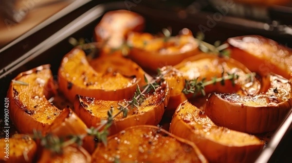 Fototapeta Delicious Roasted Pumpkin Drizzled with Maple Syrup and Sprinkled with Fresh Thyme