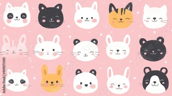 Obraz A Pink Background with Multiple Cute Cartoon Animal Faces