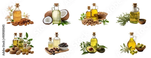 Fototapeta Collection of daily essential oils: almond, coconut, peanut, rosemary, walnut, castor, avocado, olive. Isolated on a transparent background.