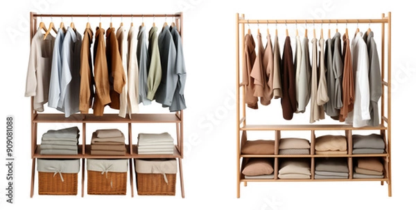 Fototapeta Set of wooden clothes organizer racks. Modern furniture solution. Isolated on a transparent background.