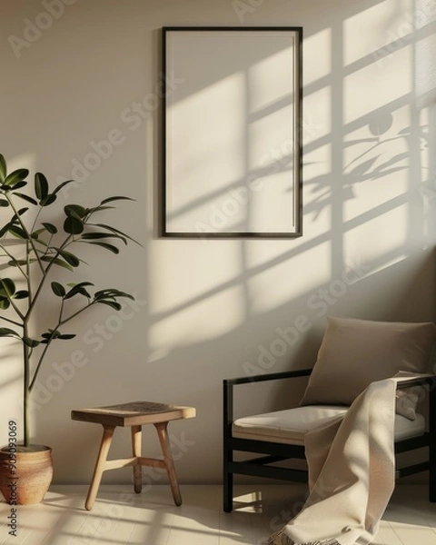 Fototapeta Elegant Advertising Mockup: a Blank 3:4 Poster Frame Hanging on a Wall, with Windows, Furniture, and Soft Lighting, advertising photography, Graphic Resources, Brochure, banner, promotion, 