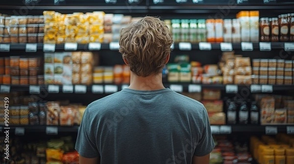 Fototapeta Close up rearview photography of a man in a supermarket or grocery store looking at the shelf full of products