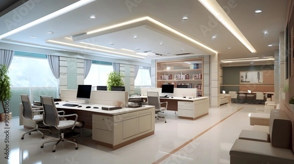 Fototapeta Spacious open-plan office with modern furnishings and bright lighting
