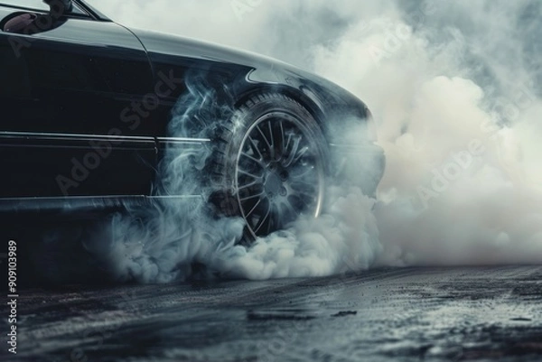 Fototapeta Close-up of a black car with drifting wheels in a cloud of smoke. Tire rubbing, drifting on a car or sports car