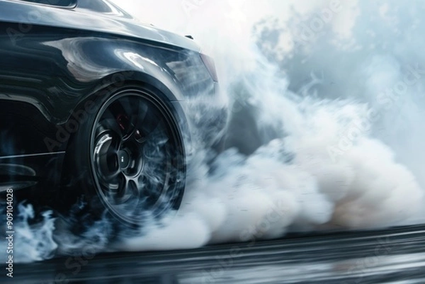 Fototapeta Close-up of a black car with drifting wheels in a cloud of smoke. Tire rubbing, drifting on a car or sports car