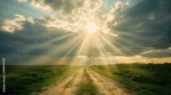 Fototapeta Sunlight breaking through clouds, illuminating a path.