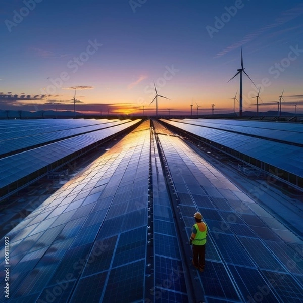 Fototapeta Renewable Energy Worker Maintaining Solar Panels At Sunset With Wind Turbines In Background