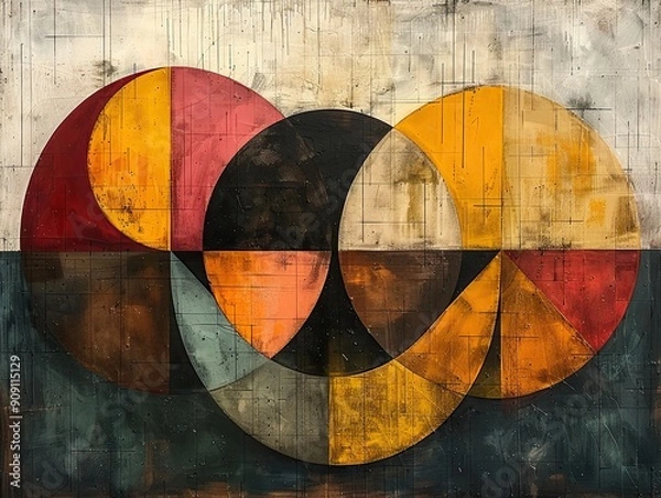 Fototapeta Simple geometric design featuring overlapping triangles and circles, neutral color palette. 