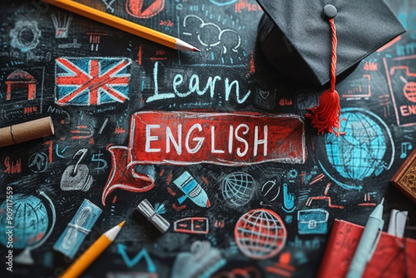 Obraz Board with the inscription "Learn English". Advertisement, poster for learning English.