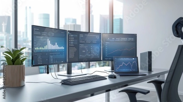 Fototapeta A sleek office space featuring three monitors and a laptop all showcasing different stock data, depicting an advanced, professional, and organized approach to modern trading.