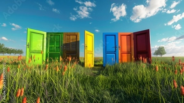 Fototapeta An array of variously colored doors standing in a lush grassy field under a clear blue sky, symbolizing opportunities and new beginnings amidst natural beauty.