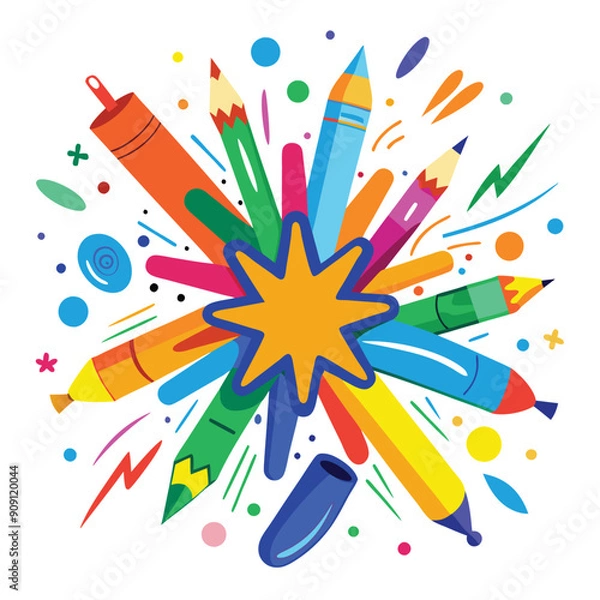 Fototapeta A colorful explosion of crayons and markers drawing on a white canvas, with vibrant lines and shapes