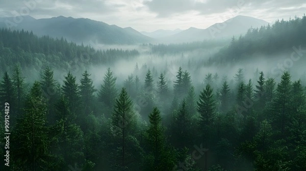 Fototapeta A dense forest shrouded in mist, with dark green trees standing tall against the backdrop of rolling hills