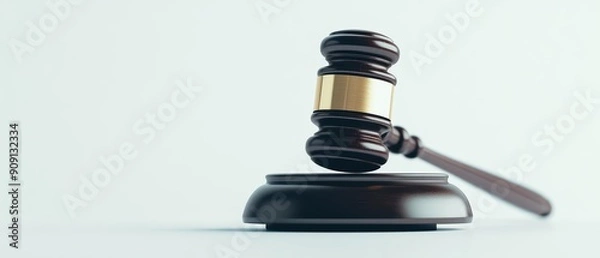 Fototapeta Cute happy gavel, symbolizing authority and decisionmaking in law, empty yet powerful, with sunlight filtering through, creating a scene that underscores the importance of judgment