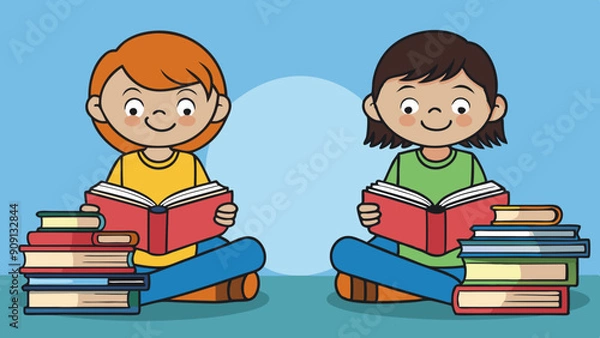 Fototapeta reading kids two kids reading quietly with stacks vector illustration