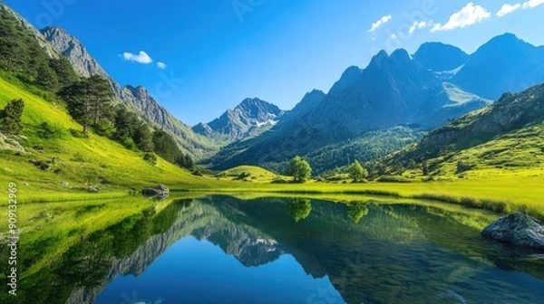 Obraz Scenic mountain landscape with green valleys, a clear blue sky, and a peaceful lake reflecting the majestic mountains