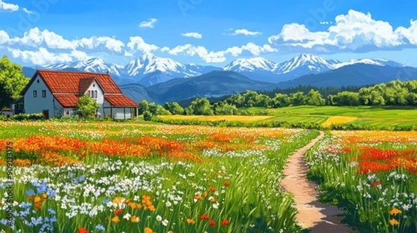 Fototapeta Scenic rural view of a quaint farmhouse, vibrant blooming fields, and distant mountains under a clear blue sky