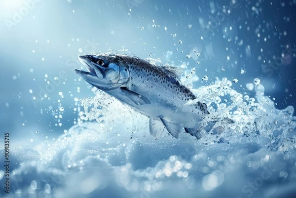 Fototapeta A vibrant trout leaps gracefully above the water, creating a dazzling spray as it catches the fading light of dusk.