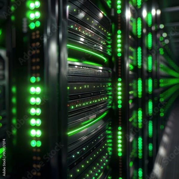 Fototapeta Modern Data Center With High-Performance Servers Illuminated In Green Lighting During Evening Hours
