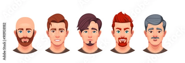Obraz Set Of Male Face Avatars Featuring Different Hairstyles, Facial Hair And Expressions. Ideal For Use In Profile Pictures