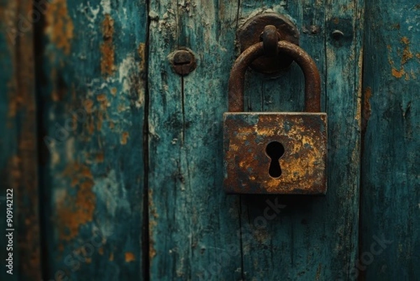 Fototapeta Rusty padlock on weathered door, textural study photography, with copy space