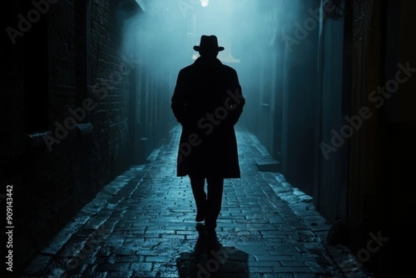 Fototapeta Silhouette of a detective in a foggy alley, with copy space
