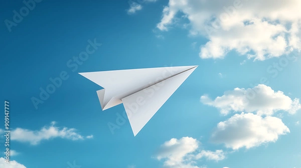 Fototapeta Paper airplane flying in the sky. white paper plane isolated on blue background with clouds