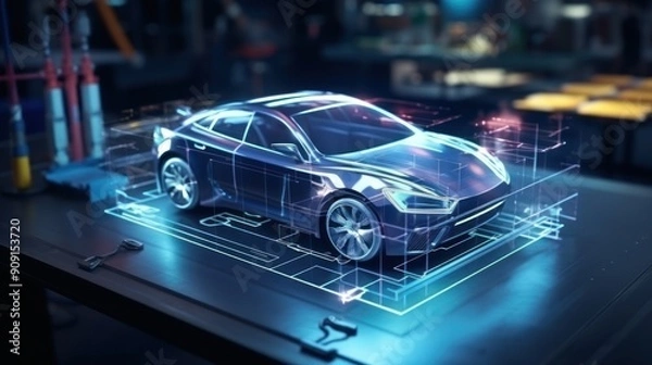 Fototapeta Car design engineers using holographic. Develop modern innovative high-tech cutting edge eco-friendly electric car with sustainable standard, automotive, automobile, transportation.